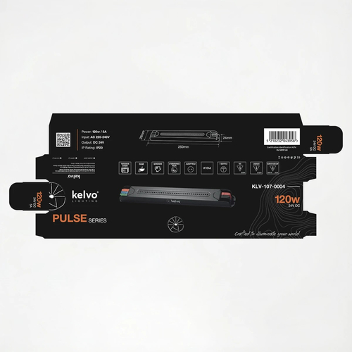 kelvo® PULSE KLV-107-0004 Ultra Slim Τροφοδοτικό/Μετασχηματιστής Class I PELV 120W 5A AC 220-240V σε DC 24V IP20 - Γκρι Ανθρακί Ματ - Μ25 x Π2.6 x Υ2.4cm - 5 Χρόνια Εγγύηση