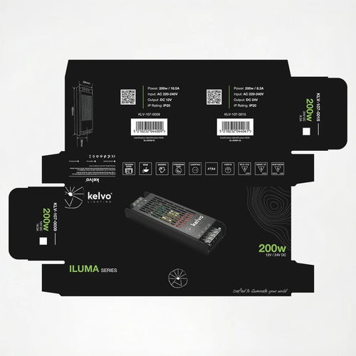 kelvo® ILUMA KLV-107-0009 Slim Τροφοδοτικό/Μετασχηματιστής Class I PELV 200W 16.5A AC 220-240V σε DC 12V IP20 - Γκρι Ανθρακί Ματ - Μ18.5 x Π5.9 x Υ2.8cm - 5 Χρόνια Εγγύηση