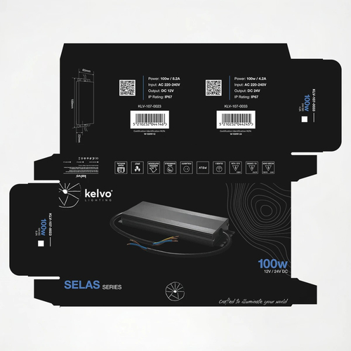 kelvo® SELAS KLV-107-0023 Τροφοδοτικό/Μετασχηματιστής Class I PELV 100W 8.2A AC 220-240V σε DC 12V Αδιάβροχο IP67 - Γκρι Ανθρακί Ματ - Μ18.9 x Π6.5 x Υ2.2cm - 5 Χρόνια Εγγύηση