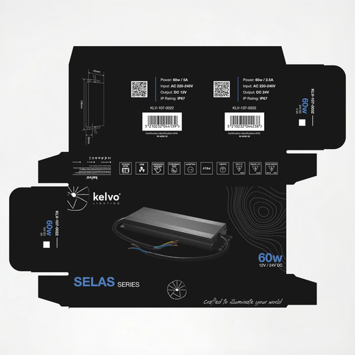 kelvo® SELAS KLV-107-0032 Τροφοδοτικό/Μετασχηματιστής Class I PELV 60W 2.5A AC 220-240V σε DC 24V Αδιάβροχο IP67 - Γκρι Ανθρακί Ματ - Μ15.8 x Π4.3 x Υ2.3cm - 5 Χρόνια Εγγύηση