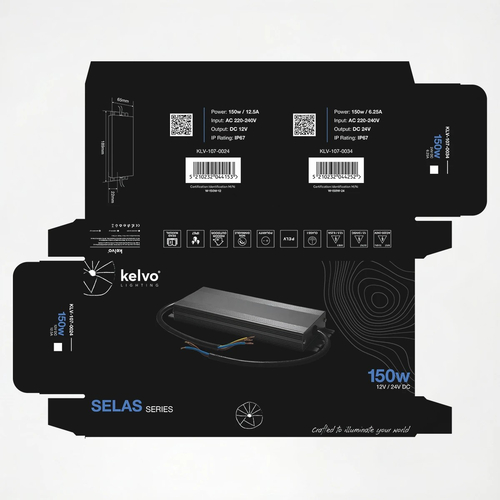 kelvo® SELAS KLV-107-0034 Τροφοδοτικό/Μετασχηματιστής Class I PELV 150W 6.25A AC 220-240V σε DC 24V Αδιάβροχο IP67 - Γκρι Ανθρακί Ματ - Μ18.9 x Π6.5 x Υ2.2cm - 5 Χρόνια Εγγύηση