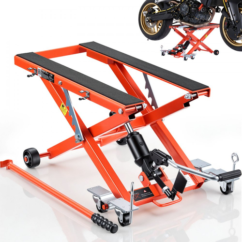 Υδραυλικός γρύλος ανύψωσης μοτοσικλέτας VEVOR, χωρητικότητας 499 kg, φορητός γρύλος ανύψωσης ψαλιδιού μοτοσικλέτας με 6 τροχούς, εύρος ύψους 120-385 mm, υδραυλική βάση ανύψωσης με ποδήλατα για χωμάτινες μοτοσικλέτες