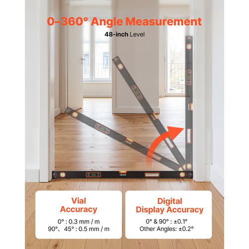 Ψηφιακό αλφάδι VEVOR, 1200 mm, Μαγνητικό ηλεκτρονικό αλφάδι με φωτιζόμενη οθόνη LED, ηλεκτρονικό εργαλείο ισοπέδωσης 360° με φιαλίδια φυσαλίδων 0°/45°/90°, βαθμολογία IP54 για ανακαίνιση κατοικιών και ξυλουργικών εργασιών