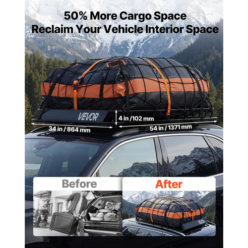 Καλάθι Αποσκευών VEVOR Roof Rack, 1371 x 864 x 102 mm, Βαρέως Τύπου Καλάθι Μεταφοράς Οροφής με Αδιάβροχη Τσάντα, Δίχτυ Αποσκευών, Ιμάντες Καστάνιας, Χωρητικότητα 90,72 kg, Βάση Αποσκευών Αυτοκινήτου Universal, για Φορτηγό SUV