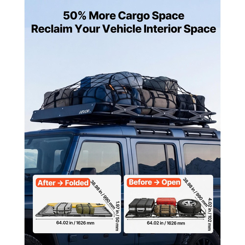 Καλάθι Αποσκευών VEVOR Roof Rack, 1626 x 990 x 102 mm, Βαρέως Τύπου Καλάθι Οροφής με Πτυσσόμενο Σχεδιασμό, Χωρητικότητα 90,72 kg, Βάση Αποσκευών Αυτοκινήτου με Εύκολη Εγκατάσταση σε Όλες τις Καιρικές Συνθήκες, Universal για Φορτηγό SUV