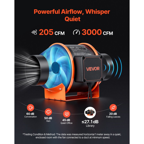Ανεμιστήρας αγωγού VEVOR Inline, 349m³/h 101,6mm EC με κινητήρα και εξαερισμό 10 ταχυτήτων, ελεγκτής PWM, έλεγχος με εφαρμογή, αισθητήρας θερμοκρασίας και υγρασίας, ψύξη για σκηνή καλλιέργειας, εσωτερική κηπουρική, υδροπονία