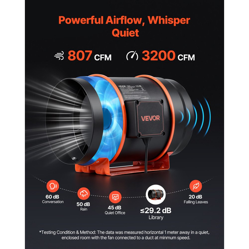 Ανεμιστήρας αγωγού VEVOR Inline, 1372m³/h 203mm EC με κινητήρα και εξαερισμό 10 ταχυτήτων, ελεγκτής PWM, έλεγχος με εφαρμογή, αισθητήρας θερμοκρασίας και υγρασίας, ψύξη για σκηνή καλλιέργειας, εσωτερική κηπουρική, υδροπονία