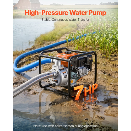 Αντλία νερού VEVOR με βενζίνη, 50,8 mm, 132 GPM 7HP, φορητή αντλία μεταφοράς νερού για λίπη, βενζινοκινητήρας με σωλήνα εκκένωσης 7,62 m, πλαίσιο βαρέως τύπου, πτερωτή από χυτοσίδηρο, για άρδευση, πισίνες