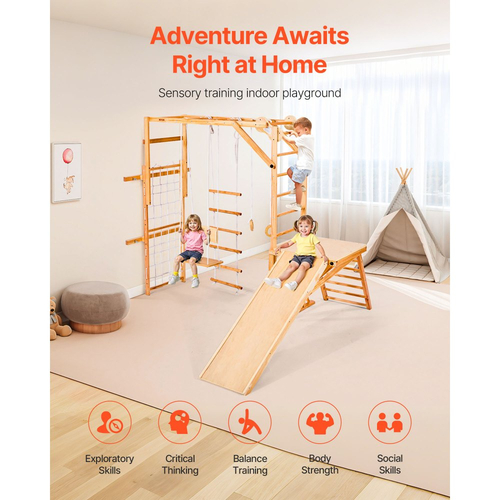 VEVOR Εσωτερική Παιδική Χαρά Jungle Gym, Ξύλινη Εσωτερική Παιδική Χαρά 8 σε 1 για Παιδιά, Σετ Παιχνιδιών Αναρρίχησης Montessori 100KG με Τσουλήθρα, Κούνια, Μπάρα Μαϊμούς, Δαχτυλίδια Γυμναστικής, Ξύλινη / Σχοινένια Σκάλα, Δίχτυ Αναρρίχησης & Μπάρα