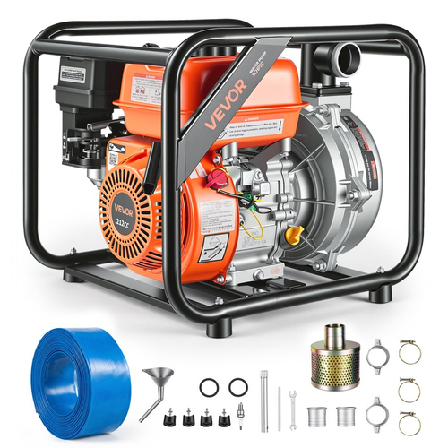 Αντλία νερού VEVOR με βενζίνη, 50,8 mm, 128 GPM 6HP, φορητή αντλία μεταφοράς νερού για λίπη, βενζινοκινητήρας με σωλήνα εκκένωσης 7,62 m, πλαίσιο βαρέως τύπου, πτερωτή από χυτοσίδηρο, για άρδευση, πισίνες