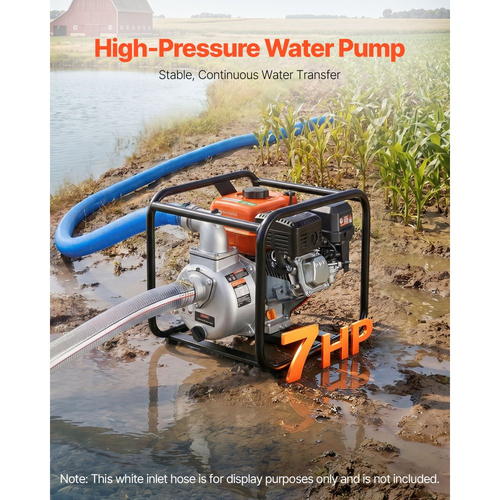 Αντλία νερού VEVOR με βενζίνη, 50,8 mm, 142 GPM 7HP, φορητή αντλία μεταφοράς νερού για λίπη, βενζινοκινητήρας με σωλήνα εκκένωσης 7,62 m, πλαίσιο βαρέως τύπου, πτερωτή από χυτοσίδηρο, για άρδευση, πισίνες