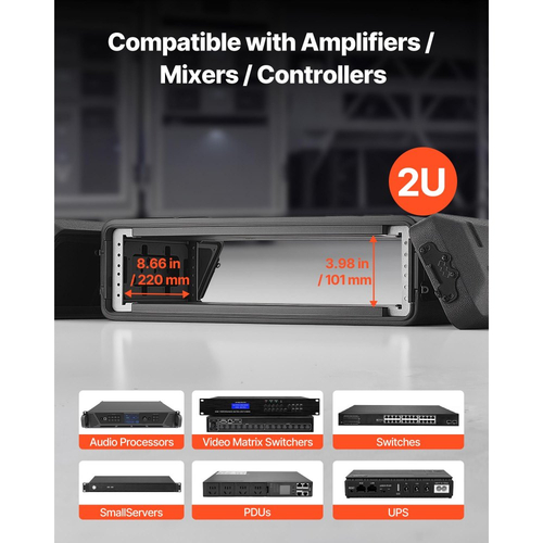Θήκη Rack VEVOR 2U, βάθος 260 mm, ρηχή θήκη Flight Case με θήκες μικροφώνου, κατασκευή από πολυαιθυλένιο, εσοχές περιστρεφόμενες ασφάλειες, εύκολη εγκατάσταση, για ενισχυτή, ήχο, μίκτη DJ