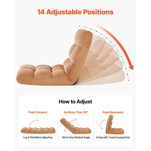 Επιδαπέδια καρέκλα VEVOR, 14 ρυθμιζόμενες θέσεις, πτυσσόμενη επιδαπέδια καρέκλα παιχνιδιών με στήριξη πλάτης, στιβαρό μεταλλικό πλαίσιο με ανακυκλωμένο αφρό και επιφάνεια από κοραλί φλις, πολυλειτουργική για διάβασμα, χαλάρωση, καφέ