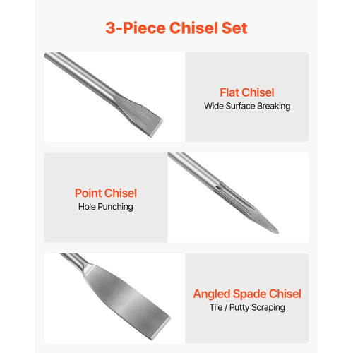 Σετ καλεμιών VEVOR SDS Plus, 3 τεμάχια προσαρτήματα περιστροφικού κρουστικού δράπανου SDS Plus, περιλαμβάνει καλέμια με αιχμή, επίπεδη και γωνιακή κεφαλή, θερμικά επεξεργασμένο κράμα χάλυβα 40Cr, αιχμηρή άκρη για κατεδάφιση, σκυρόδεμα και τούβλα