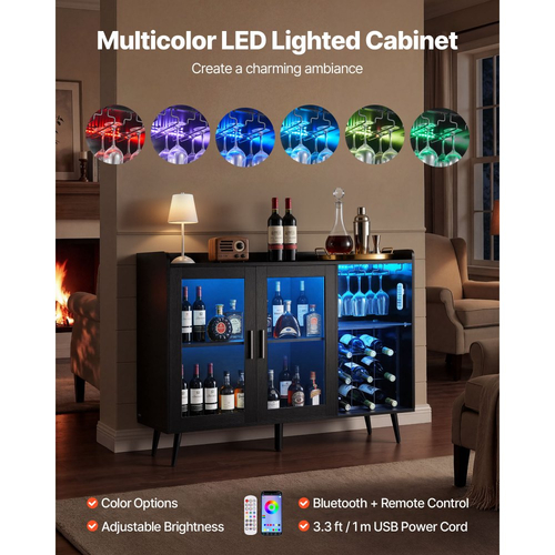 Ντουλάπι κρασιού VEVOR, Ντουλάπι καφέ-μπαρ με 9 ράφια για μπουκάλια κρασιού, Μοντέρνος μπουφές μπουφέ με θήκη για ποτήρια, Ρυθμιζόμενη φωτεινότητα LED, για οικιακή κουζίνα, σαλόνι, τραπεζαρία, μαύρο ξύλο