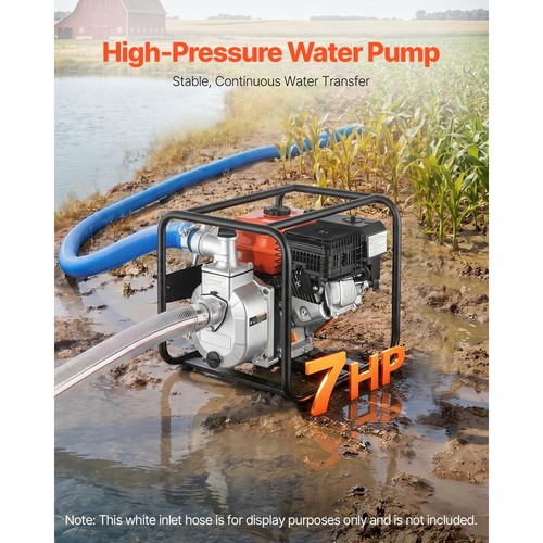 Αντλία νερού VEVOR με βενζίνη, 50,8 mm, 158 GPM 7HP, φορητή αντλία μεταφοράς νερού για λίπη, βενζινοκινητήρας με σωλήνα εκκένωσης 7,62 m, πλαίσιο βαρέως τύπου, πτερωτή από χυτοσίδηρο, για άρδευση, πισίνες