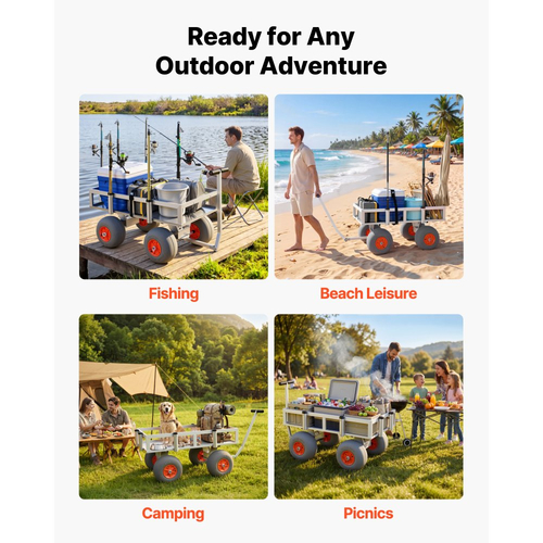 Καλάθι ψαρέματος παραλίας VEVOR, χωρητικότητα φορτίου 159 kg, καρότσι ψαρέματος με πλαίσιο από κράμα αλουμινίου βαρέως τύπου, ελαστικά μπαλονιών PU παντός εδάφους 330 mm, 6 βάσεις καλαμιών, για υπαίθριες δραστηριότητες, κάμπινγκ, πικνίκ