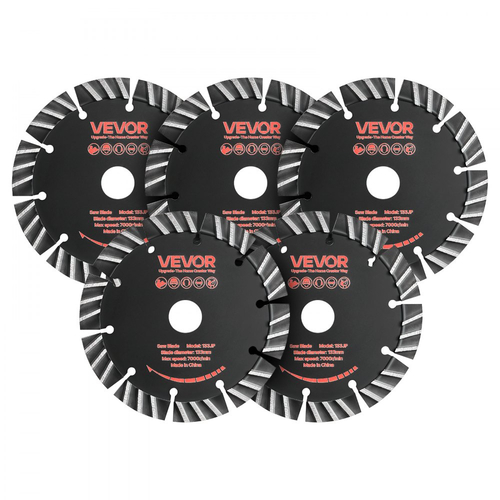 Λεπίδες διαμαντιών VEVOR 133 mm, 5 λεπίδες κοπής τοίχου Chaser, άξονας 20 mm, διαμαντένια τμήματα υψηλής σκληρότητας, χαλύβδινος πυρήνας 65Mn, ξηρή και υγρή κοπή, καθαρές άκρες για σκυρόδεμα, τούβλα, πέτρα, τσιμέντο