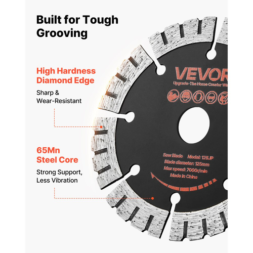 Λεπίδες διαμαντιών VEVOR 125 mm, 5 λεπίδες κοπής τοίχου Chaser, άξονας 20 mm, διαμαντένια τμήματα υψηλής σκληρότητας, χαλύβδινος πυρήνας 65Mn, ξηρή και υγρή κοπή, καθαρές άκρες για σκυρόδεμα, τούβλα, πέτρα, τσιμέντο