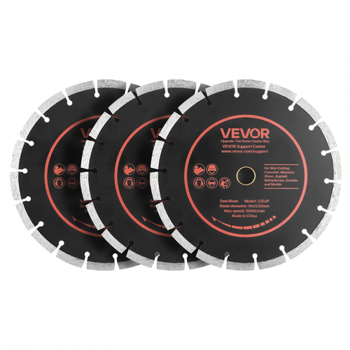 Λεπίδες διαμαντιών VEVOR 230 mm, Σετ 3 λεπίδων πριονιού σκυροδέματος, Άξονας 22,2 mm, Διαμαντένια τμήματα υψηλής σκληρότητας, Πυρήνας χάλυβα 65Mn, Ξηρή υγρή κοπή, Καθαρές άκρες για σκυρόδεμα, τοιχοποιία, τούβλο, πέτρα, γρανίτη