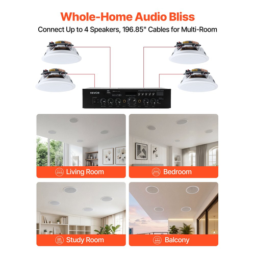 Ηχεία οροφής Bluetooth VEVOR, 165,1 mm, Σύστημα ηχείων οροφής και τοίχου με ενισχυτή, 2 δρόμων, για τοποθέτηση σε υγρό περιβάλλον, οικιακό κινηματογράφο, καλυμμένη εξωτερική βεράντα και εντοιχιζόμενη ενσύρματη τοποθέτηση, 4 ηχεία