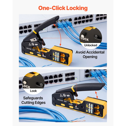 Εργαλείο πρεσαρίσματος VEVOR, πρεσαριστής Ethernet RJ45/RJ11/RJ12, κιτ εργαλείων πρεσαρίσματος για αρθρωτά βύσματα 4/6/8 ακίδων, με μίνι απογυμνωτή καλωδίων, 50 συνδετήρες και 50 καλύμματα, ανταλλακτικές λεπίδες και δοκιμαστή καλωδίων δικτύου