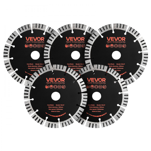 Λεπίδες διαμαντιών VEVOR 160 mm, 5 λεπίδες κοπής τοίχου Chaser, άξονας 22,2 mm, διαμαντένια τμήματα υψηλής σκληρότητας, χαλύβδινος πυρήνας 65Mn, ξηρή, υγρή κοπή, καθαρές άκρες για σκυρόδεμα, τούβλα, πέτρα, τσιμέντο