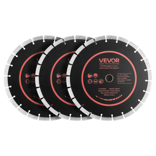 Λεπίδες διαμαντιών VEVOR 306 mm, Σετ 3 λεπίδων πριονιού σκυροδέματος, Άξονας 25,4 mm, Διαμαντένια τμήματα υψηλής σκληρότητας, Πυρήνας χάλυβα 65Mn, Ξηρή υγρή κοπή, Καθαρές άκρες για σκυρόδεμα, τοιχοποιία, τούβλο, πέτρα, γρανίτη