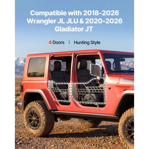 Πόρτες VEVOR Jeep Tube, 4θυρες, συμβατές με Wrangler JL JLU 2018-2026 & Gladiator JT 2020-2026, Χαλύβδινες μπροστινές και πίσω σωληνωτές ημιθυρίδες Off Road με πιστοποιημένους πλευρικούς καθρέφτες DOT και λαστιχένια μαξιλαράκια.