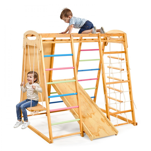 VEVOR Εσωτερική Παιδική Χαρά Jungle Gym, Ξύλινη Εσωτερική Παιδική Χαρά 7 σε 1 για Παιδιά, Σετ Παιχνιδιών Αναρρίχησης Montessori 113KG με Κούνια, Μπάρα Μαϊμούς, Τσουλήθρα, Ξύλινη Σκάλα, Σκάλα με Σχοινί, Δίχτυ Αναρρίχησης & Βράχο