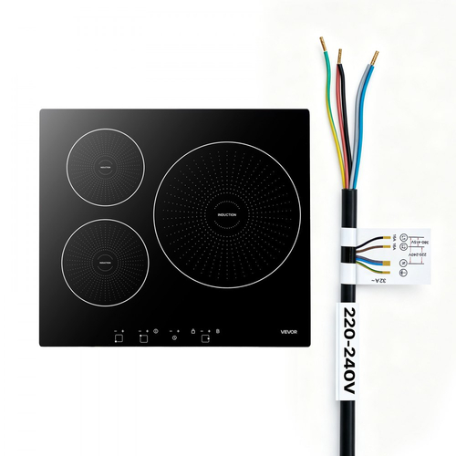 VEVOR Επαγωγική Εστία 60 cm 3 Εστίες Εντοιχιζόμενη Ηλεκτρική Κουζίνα 220V 6200W, Επιτραπέζια Επαγωγική Εστία, με 9 Επίπεδα Ισχύος, Οθόνη Αφής LED, Κεραμική Γυάλινη Επιφάνεια, Κλείδωμα Παιδιών, για Κουζίνα, RV