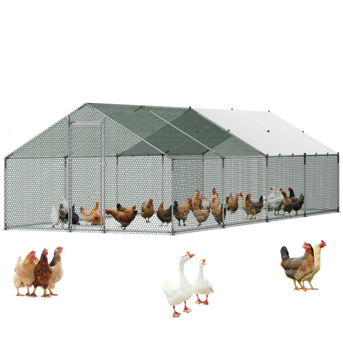 Μεγάλο Μεταλλικό Κοτέτσι VEVOR, 3 x 8 x 2 μ., Θάλαμοι για κοτέτσια με αδιάβροχο κάλυμμα, Περίφραξη για κοτέτσι με στέγη Spire με κλειδαριά, Εξωτερικό κλουβί για πάπιες και κουνέλια, Στέγη για πουλερικά για αυλή, αγρόκτημα, χρήση σε αυλή