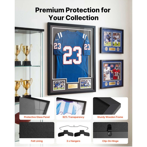 Βιτρίνα βιτρίνας VEVOR Jersey Frame, 80 x 60 x 2,5 cm, Ξύλινο κουτί σκιών για αθλητική φανέλα με 98% προστασία από την υπεριώδη ακτινοβολία, για μπλούζα μπέιζμπολ, μπάσκετ, ποδόσφαιρο, χόκεϊ, αθλητική και στολή, μαύρο