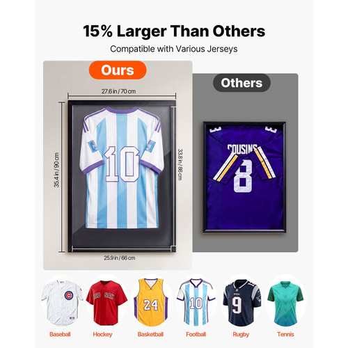 Βιτρίνα βιτρίνας VEVOR Jersey Frame, 90 x 70 x 3 cm, Ξύλινο κουτί σκιών για αθλητική φανέλα με προστασία 98% UV, για μπλούζα μπέιζμπολ, μπάσκετ, ποδόσφαιρο, χόκεϊ, αθλητική στολή, μαύρο