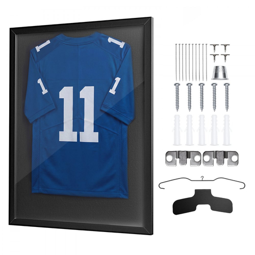 Βιτρίνα βιτρίνας VEVOR Jersey Frame, 90 x 70 x 3 cm, Ξύλινο κουτί σκιών για αθλητική φανέλα με προστασία 98% UV, για μπλούζα μπέιζμπολ, μπάσκετ, ποδόσφαιρο, χόκεϊ, αθλητική στολή, μαύρο