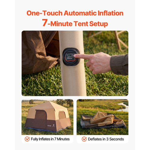 Σκηνή Κάμπινγκ VEVOR, Φουσκωτή Σκηνή Καμπίνας 8 Ατόμων με Επαναφορτιζόμενη Αντλία, Σωλήνα Αέρα TPU & 4 Μεγάλα Παράθυρα Διχτυού, Φορητή, Εύκολη Εγκατάσταση, Αδιάβροχη με Τσάντα Μεταφοράς για Οικογενειακή Υπαίθρια Κατασκήνωση & Πεζοπορία, Μπεζ