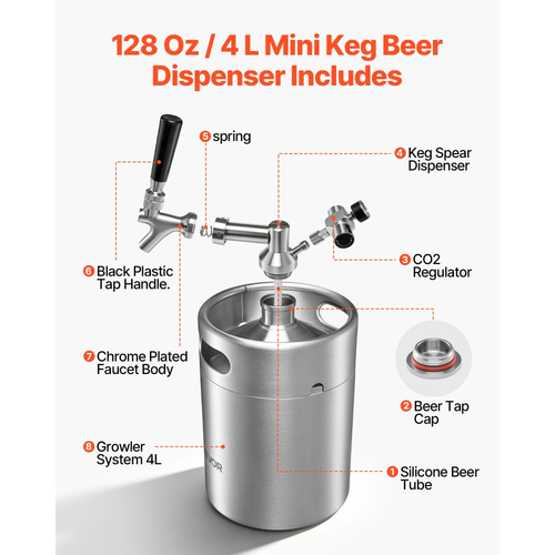 Μίνι βαρέλι VEVOR 4L, σύστημα βρύσης Growler υπό πίεση, κιτ μπύρας από ανοξείδωτο ατσάλι 304, με ρυθμιστή CO2, αυτοκλειόμενη βρύση, διατηρεί τη φρεσκάδα και ενανθράκωση για οικιακή ζυθοποιία, χειροποίητη και βαρελίσια μπύρα