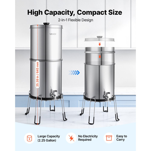 Σύστημα φίλτρου νερού VEVOR με τροφοδοσία βαρύτητας, σύστημα φιλτραρίσματος νερού από ανοξείδωτο χάλυβα 8,52L 304, μειώνει τον μόλυβδο και έως και 99% του χλωρίου, με 2 φίλτρα άνθρακα, 2 φίλτρα αποφθορίωσης, βρύση, βάση
