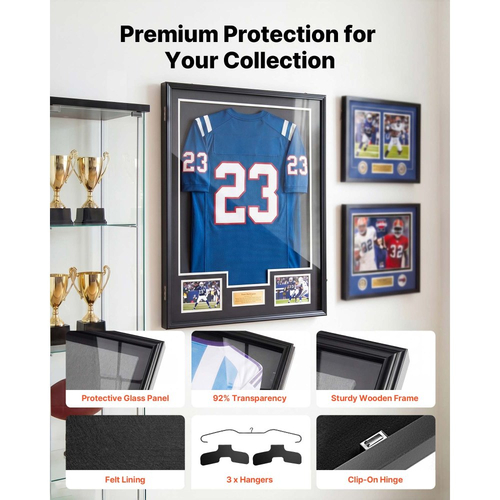 Βιτρίνα βιτρίνας VEVOR Jersey Frame, 92,5 x 71,8 x 4 cm, Ξύλινο κουτί σκιών για αθλητική φανέλα με προστασία 98% UV από την υπεριώδη ακτινοβολία, με μαγνητική κλειδαριά για μπλούζα μπέιζμπολ, μπάσκετ, ποδοσφαίρου, χόκεϊ, στολή