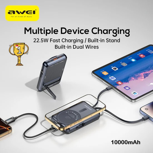 Μαγνητικό Powerbank ασύρματης φόρτισης με 2 καλώδια - PA-25 - 10.000mah - 22.5W - AWEI - 023726