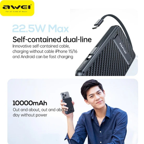 Μαγνητικό Powerbank ασύρματης φόρτισης με 2 καλώδια - PA-25 - 10.000mah - 22.5W - AWEI - 023726