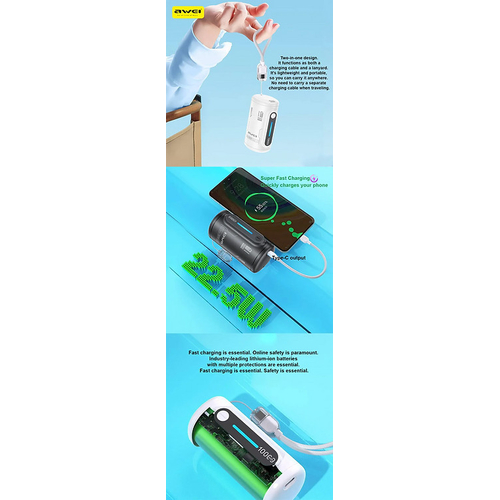 Powerbank με αποσπώμενο καλώδιο - WP-117 - 10.000mah - 22.5W - AWEI - 026482 - Black