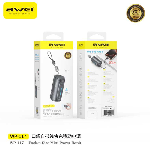 Powerbank με αποσπώμενο καλώδιο - WP-117 - 10.000mah - 22.5W - AWEI - 026482 - Black
