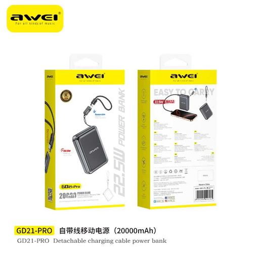 Powerbank με αποσπώμενο καλώδιο Type-C - GD21-Pro - 20.000mah - 22.5W - AWEI - 026185