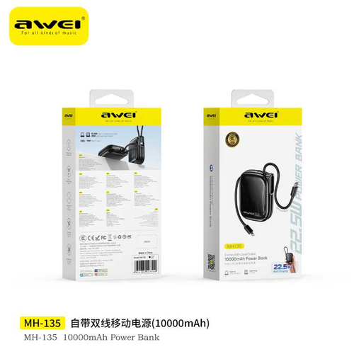 Powerbank - 2in1 - Type-C & Lightning - MH-135 - 10.000mah - 22.5W - AWEI - 027540 - Black