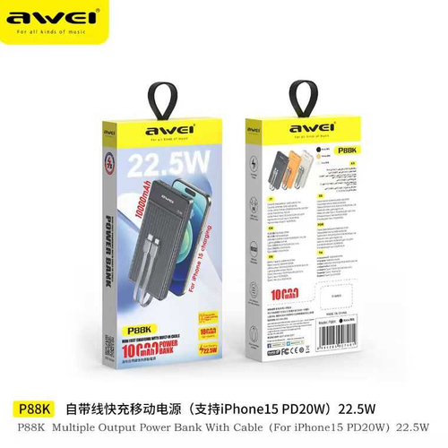 Powerbank - 2in1 - Type-C & Lightning - P88K - 10.000mah - 22.5W - AWEI - 007481 - Black