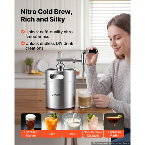 Καφετιέρα VEVOR Nitro Cold Brew 4L Σύστημα Διανομέα Αζώτου, Βαρέλι Καφέ για Οικιακή Παρασκευή, Φορητός Εγχυτήρας Αζώτου με Διανομέα και Βαλβίδα Εκτόνωσης Πίεσης, Δώρο για τους Λάτρεις του Καφέ