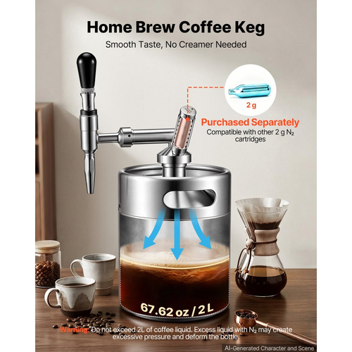 Καφετιέρα VEVOR Nitro Cold Brew 4L Σύστημα Διανομέα Αζώτου, Βαρέλι Καφέ για Οικιακή Παρασκευή, Φορητός Εγχυτήρας Αζώτου με Διανομέα και Βαλβίδα Εκτόνωσης Πίεσης, Δώρο για τους Λάτρεις του Καφέ