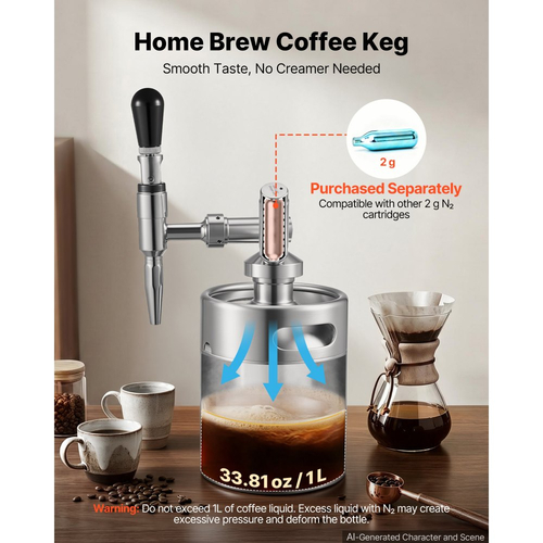 Καφετιέρα VEVOR Nitro Cold Brew 2L Σύστημα Διανομέα Αζώτου, Βαρέλι Καφέ για Οικιακή Παρασκευή, Φορητός Εγχυτήρας Αζώτου με Διανομέα και Βαλβίδα Εκτόνωσης Πίεσης, Δώρο για τους Λάτρεις του Καφέ