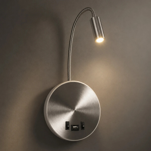 GLOBOSTAR® GOOSE 61696 Μοντέρνο Φωτιστικό Τοίχου - Απλίκα Ξενοδοχείου Reading Light με Φορτιστή USB 3A LED 6W 540lm 36° & 360° AC 220-240V IP20 Θερμό Λευκό 2700K - CREE XPE & Lumileds SMD Chip - Νίκελ Βούρτσας - Μ15.5 x Π15 x Υ30.5cm - 3 Χρόνια Εγγύηση